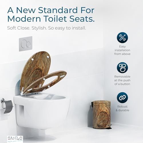 Sanilo Wooden Toilet Seat with Quick Release & Soft Close [ROUND] - Decorative & Slow Close Molded Wood Seat - With One Click for Easy Installation & Cleaning - With Adjustable Fit (Rustic)