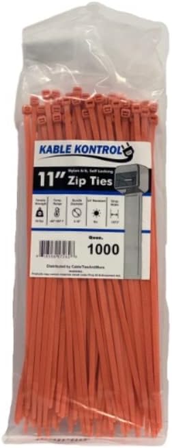 Kable Kontrol Cable Zip Ties, 11 Inch, 1000 Pcs, 50lbs Test, Orange | Nylon Plastic, Self Locking, UL Listed, Indoor Use