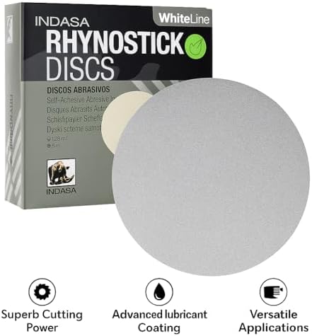 Indasa 5" Rhynostick White Line PSA Discs – Aluminum Oxide, No-Clog, Easy Release Tabs, 36-600 Grit, for Wood, Drywall & Auto Body Sanding (5 Inch Sticky Back(PSA), 500, Extra Fine)