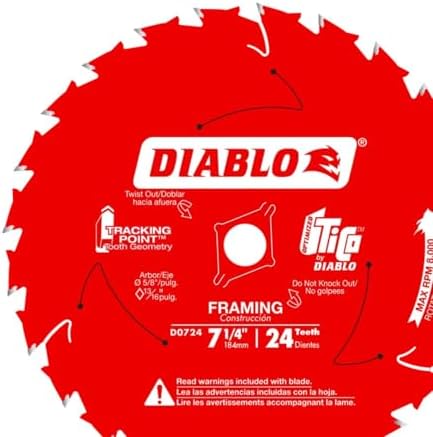 Diablo Framing Saw Blade for Wood - 7-1/4" Diameter, 24 ATB Teeth, 5/8" Arbor, .059" Kerf, 15° Hook Angle, .040" Plate, 8000 Max RPM - D0724X
