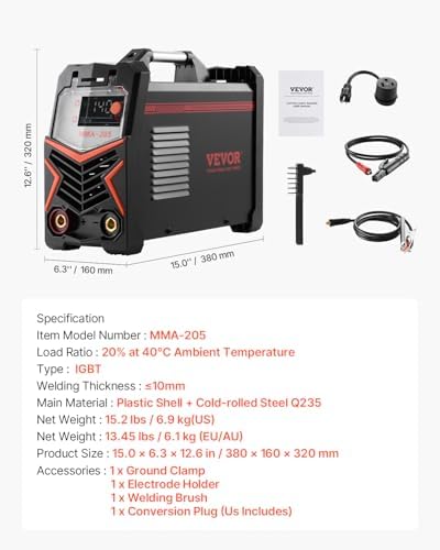 VEVOR MMA Welder, 205A 2-in-1 MMA Lift TIG Stick Welding Machine, 110/220V Dual Voltage IGBT Inverter Welder Machine with Digital Display, Hot Start Arc Force Anti-Stick (Lift Torch Not Included)
