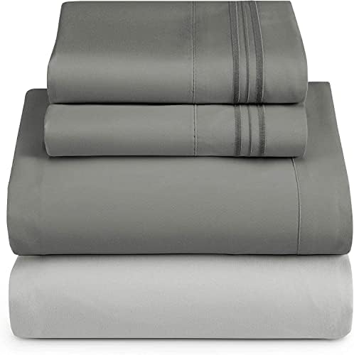Nestl Twin XL Sheets Set - 3 Piece XL Twin Bed Sheets, Extra Soft Double Brushed Bedding for Adjustable Bed, 2 Tone Silver/Grey Set, Silver Fitted Sheet, Grey Flat Sheet, Grey Pillow Case