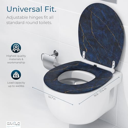 Sanilo Wooden Toilet Seat with Quick Release & Soft Close [ROUND] - Decorative & Slow Close Molded Wood Seat - With One Click for Easy Installation & Cleaning - With Adjustable Fit (Marble Darkblue)