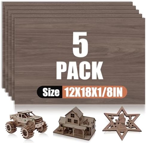 5 Pack Walnut Plywood Sheets 12x18x1/8 Inch, 3mm Plywood for Laser Cutting & Engraving, Unfinished Wood for Crafts, Wood Burning, Architectural Models.