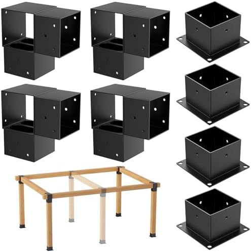 8PCS 4x4 Post Bracket, 4x4 Brackets for pergola kit, Deer Stand, Outdoor Platform, Play Sets, Tree House, Pergola Brackets 3-Way Right Angle Corner Bracket Woodworks DIY Post Base Kit