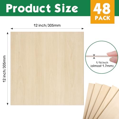 48 Pack Basswood Sheets 1/16x12X12Inch,Plywood Sheets for Crafts.Unfinished Wood Boards for Laser Cutting & Engraving,Burning,Balsa Wood Sheet for Painting.