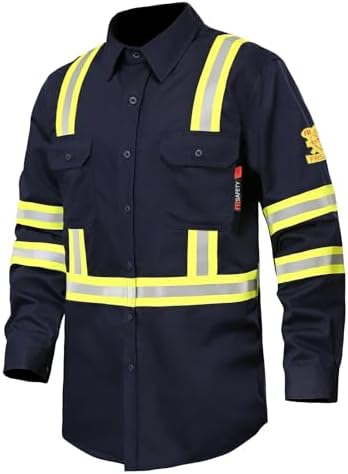 FR Shirts for Men 7oz High Visibility Fire Resistant Shirts CAT2 Welding Shirt 100% Cotton Hi Vis Flame Resistant Shirt Navy(X-Large)