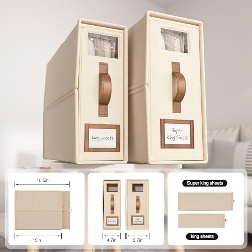 6 Pack Bed Sheets Organizers And Storage,Sheets Set Folder Keeper with Handle,Foldable Bedding Storage Box For Linen Closet,Duvet Cover(Cal King Size-5.2 Gal,Beige)