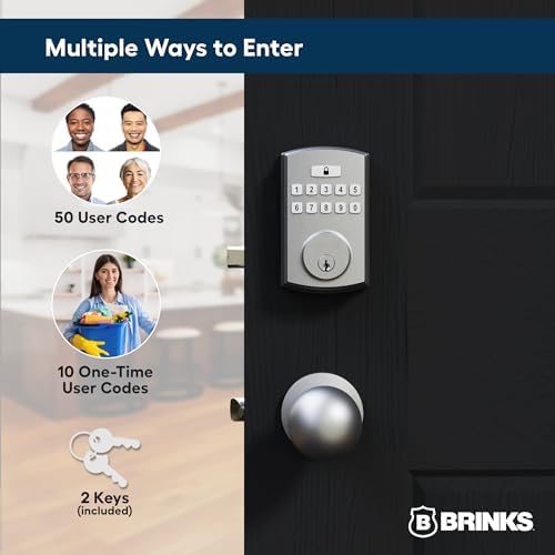 BRINKS Keyless Entry Door Deadbolt, High-Security Keypad Door Lock, 50 User Codes, Auto Locking Feature (Deadbold & Passage Knob, Satin Nickel)