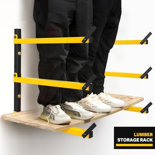 GREENER Lumber Storage Rack Folding Wood Storage Racks Wall-Mounted Metal Racks for Storage with 3-Level Heavy Duty Garage Wood Organizer for Woodworking Shop Indoor & Outdoor Use, 4 pairs,Yellow