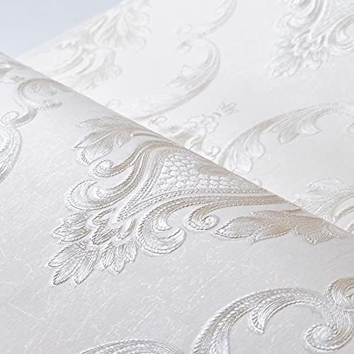 AMINAH DECO Cream White Damask Decorative Textured Floral Wallpaper Non-Woven Wall Paper Home Decoration,20.8 in X 393.00 in [ Not Peel and Stick ]