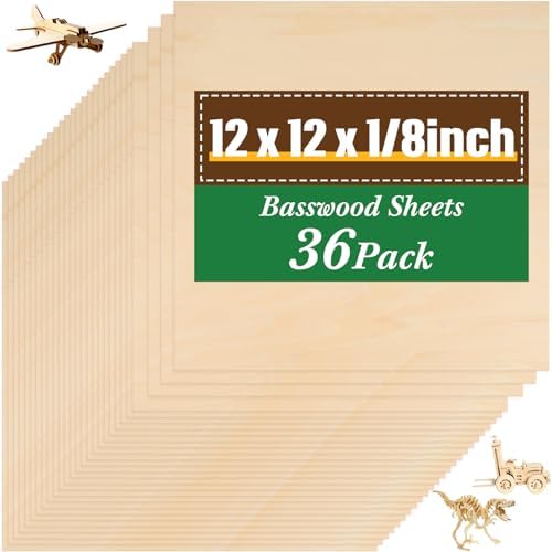 Riakrum Basswood Sheets Plywood Board Unfinished Wood Boards for Crafts for DIY Laser Projects Architectural Mini House Building Hobby Model Making(12 x 12 x 1/8 Inch,36)