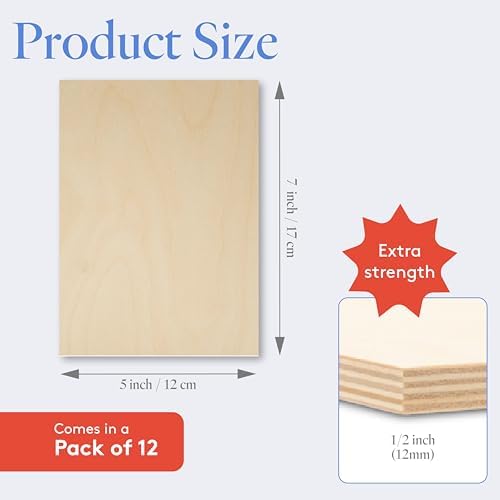 12 mm Baltic Birch Plywood 1/2 x 5 x 7 Inch, Box of 12 B/BB Grade Craft Wood, Stronger Than Basswood Sheets, for Laser, CNC Cutting and Wood Burning, by Woodpeckers