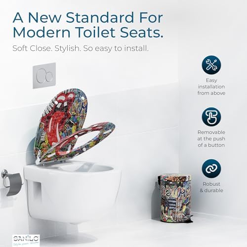 Sanilo Wooden Toilet Seat with Quick Release & Soft Close [ROUND] - Decorative & Slow Close Molded Wood Seat - With One Click for Easy Installation & Cleaning - With Adjustable Fit (Graffiti)