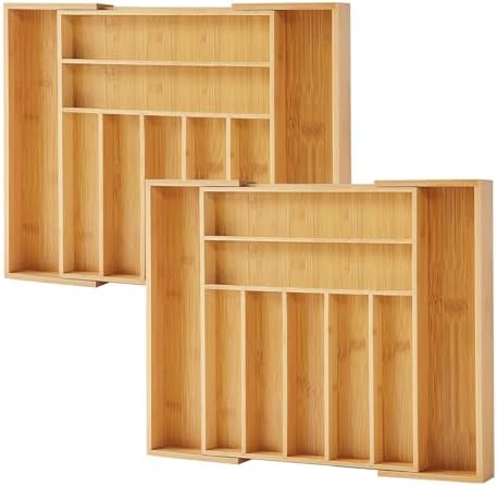 Purawood Bamboo Drawer Organizer, 2 Pack - Expandable Silverware Organizer & Utensil Organizer, Cutlery Tray with Dividers, 7-9 Slots- Premium Kitchen Organizer for Utensils & Flatware (Natural)