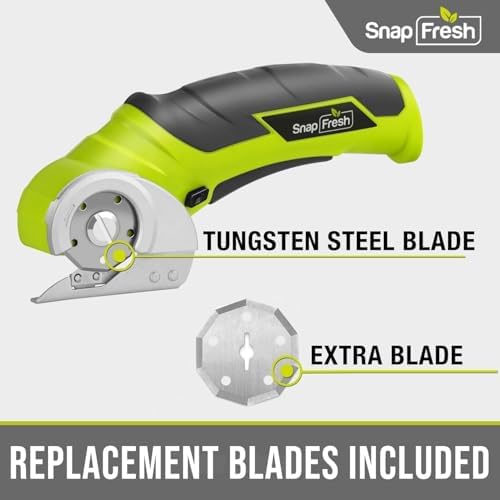 SnapFresh Cordless Electric Scissors, 4V Electric Mini Box Cutter, Carpet & Cardboard Cutter Tool with a Replacement Blade/Charger, Rotary Cutter for Cardboard Packages Leather Plastic （Green）
