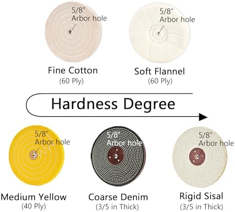 SCOTTCHEN 8 inch Buffing Polishing Wheel Soft(60 Ply) Fine（60 Ply） Medium（40 Ply） Coarse（3/5 in Thick） Rough（3/5 in Thick） Polish Pad for Bench Grinder with 5/8" Arbor Hole 5 Pcs