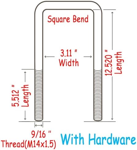Square U-Bolts, M14-1.5 Thread, 12.5" Inside Length, Fits 3" Wide Leaf Springs, 9/16" Equivalent Diameter