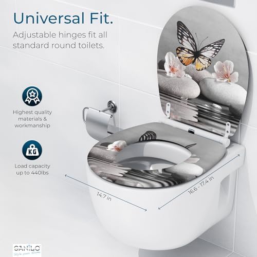 Sanilo Wooden Toilet Seat with Quick Release & Soft Close [ROUND] - Decorative & Slow Close Molded Wood Seat - With One Click for Easy Installation & Cleaning - With Adjustable Fit (Vanesa)