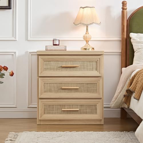 RWYHG Rattan Nightstands Set of 2 Wood 3 Drawer 26" Tall Gold Handle