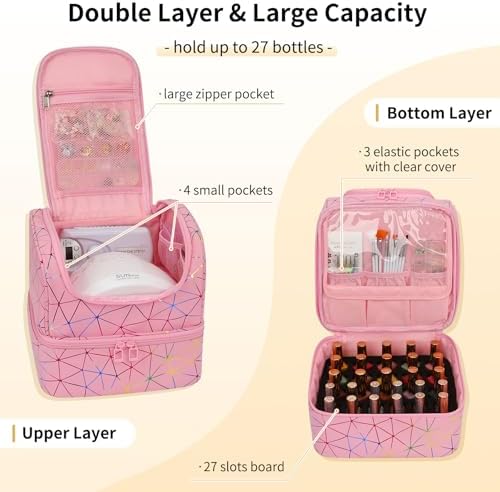 CUBETASTIC Nail Polish Organizer Bag, Double Layer Nail Tech Travel Case Holds 27 Bottles & Nail Lamp, Pink Nail Storage Organizer Box for Supplies, Portable Manicure Case