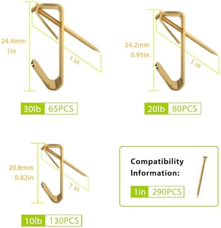 Picture Hanging Kit, Extra Thick, 30lb 20lb 10lb, Decorative Hangers, Hooks, and Hardware for Drywall and Plaster Walls with Nails, Painting, 565pcs, Gold