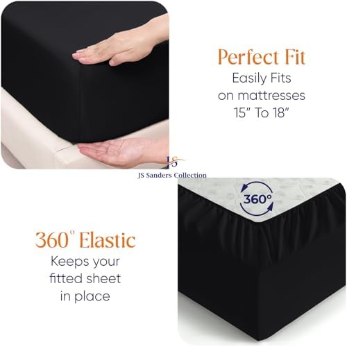 JS Sanders Collection 600TC Flex Top Queen Sheets for Sleep Number Bed - 100% Cotton 4 Pcs Top Split Queen Sheets for Adjustable Bed Queen 30 Inch Down Black -18 Inch Deep