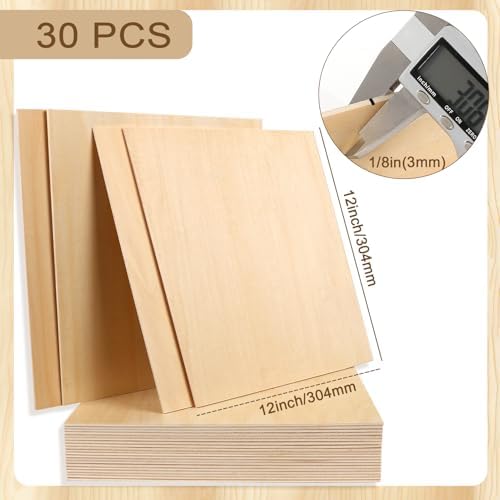 30PCS Basswood Sheets 12 x 12 x 1/8in, 3mm Basswood for Laser Cutting, Unfinished Plywood for Laser Engraving Wood Burning Models Painting DIY Crafts