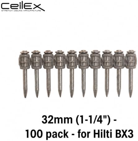 100x Collated Concrete Nails 1-1/4 Inch (32mm) for Hilti BX 3 (BX3) Cordless Concrete Nailer, B3 MX Collated Strip, Full Round Head Hardened Steel Pins for Metal Track, Drywall & Concrete