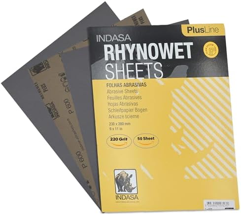 Indasa 50 PCS 9x11” Wet & Dry Sandpaper Sheets, 220 GRIT, Clog-Resistant Abrasive for Wood, Metal, Auto, Paint & Clear Coat Finishing, Sand Paper Aluminum Oxide, Plusline
