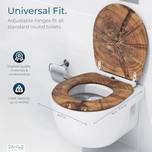 Sanilo Wooden Toilet Seat with Quick Release & Soft Close [ROUND] - Decorative & Slow Close Molded Wood Seat - With One Click for Easy Installation & Cleaning - With Adjustable Fit (Old Tree)