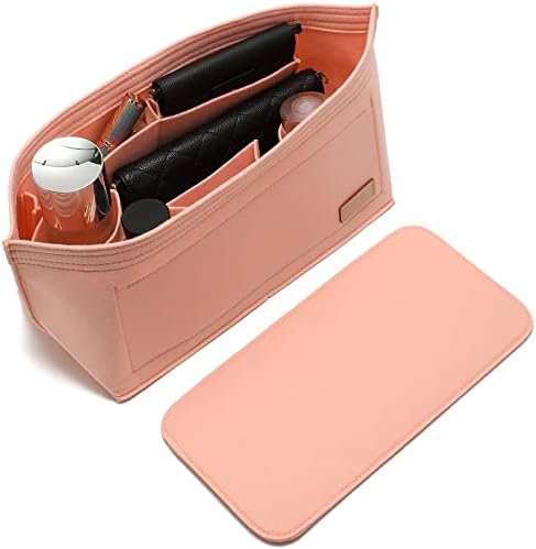 Doxo Purse Organizer Insert for Handbags & Base Shaper 2pc Set, Felt Neverfull PM Organizer Insert, Tote Bag Organizer with Zipper Pocket and Bottle Holder, Fit Neverfull PM and More, Pink-M