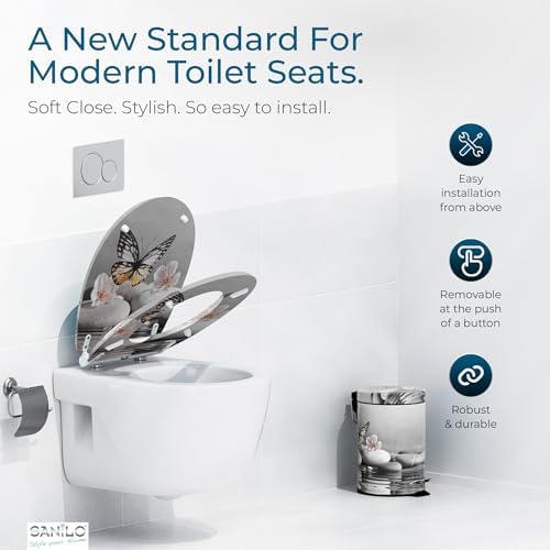Sanilo Wooden Toilet Seat with Quick Release & Soft Close [ROUND] - Decorative & Slow Close Molded Wood Seat - With One Click for Easy Installation & Cleaning - With Adjustable Fit (Vanesa)
