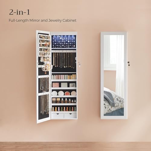 SONGMICS 6 LEDs Mirror Jewelry Cabinet, 47.2-Inch Tall Lockable Wall or Door Mounted Jewelry Armoire Organizer with Mirror, 2 Drawers, 3.9 x 14.6 x 47.2 Inches, White UJJC93W