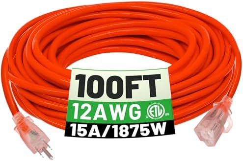 POWGRN 100 FT 12/3 Outdoor Extension Cord Waterproof, Heavy Duty Power Cord