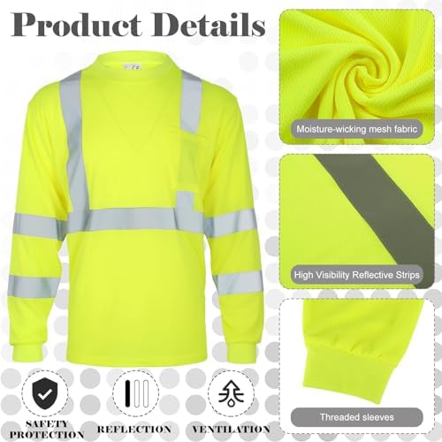 Amylove 4 Pcs Long Sleeve High Visibility Safety Shirts,XL,Yellow, Blue