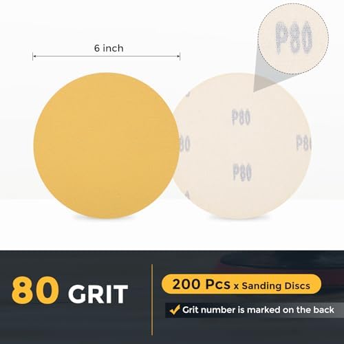 HARFINGTON 200 Pcs 6 Inch Sanding Discs 80 Grit Yellow Aluminum Oxide