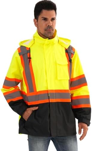 Reflective Rain jackets for men waterproof,Hi Vis Safety Coat With Reflective Strips，High Visibility Class 3 Rain jackets With 2 large pockets,Zipper,Lime,LG/XL