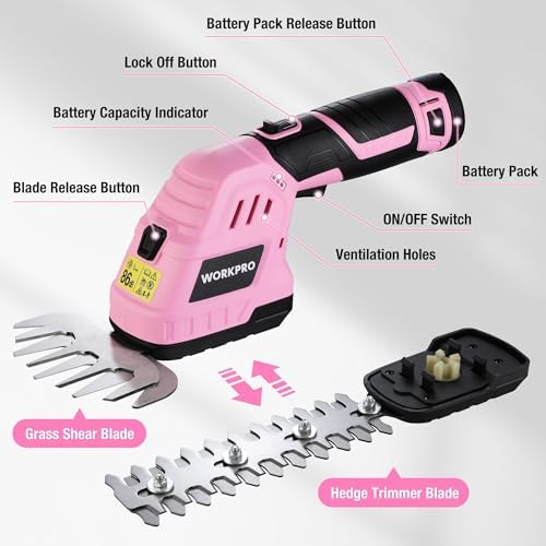 WORKPRO 12V Cordless Grass Shear & Shrubbery Trimmer, Pink Ribbon