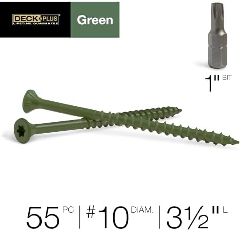 Deck Plus 3-1/2 Inch Epoxy Coated Exterior Wood and Fence Screws #10 x 3-1/2" Torx/Star Drive Included Coarse Thread, Outdoor Rust Resistant Decking Screw, Green, 1lb Box, 55 Pieces | 48407