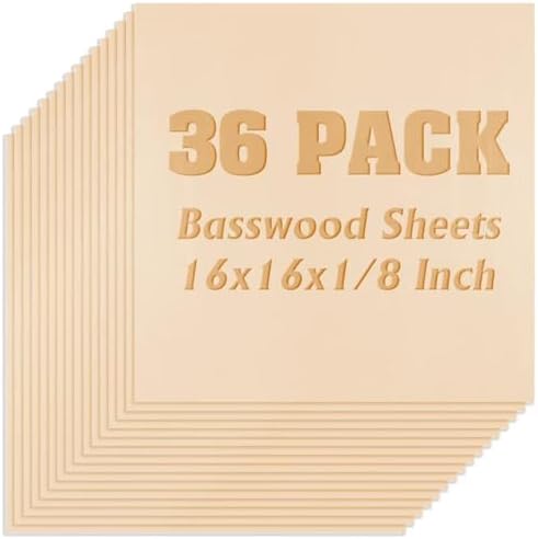 36 Pack Basswood Sheets, Plywood Board 1/8 Inch Unfinished Wood,3mm Plywood for Laser Cutting,Boards for Crafts for DIY Plywood Sheets Unfinished Wood Boards for Laser Cutting(16inchx16inch)