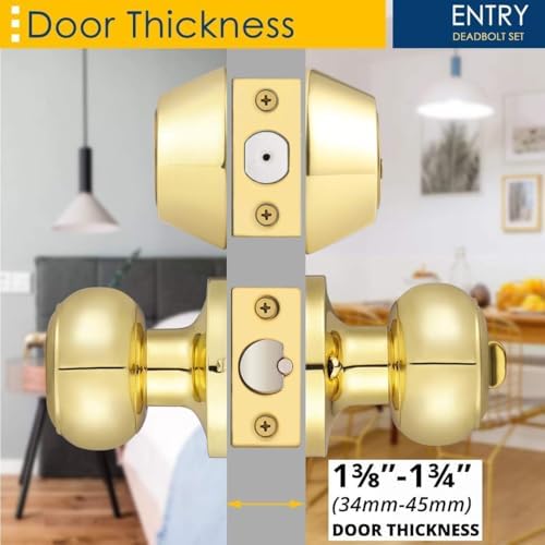 2 Pack Polished Brass Round Entry Door Knobs and Deadbolt Combination Set, Keyed Alike Double Cylinder Deadbolt Door Lock Set