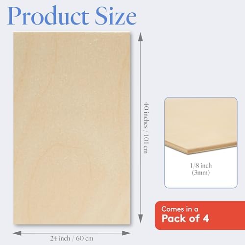 Baltic Birch Plywood 3 mm, 1/8 Inch Craft Wood, B/BB Grade, Stronger Than Basswood Sheets or Balsa Wood, Perfect for Laser, CNC Cutting, Wood Burning, by Woodpeckers (4, 24" x 40")