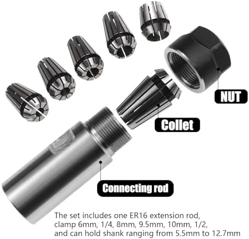 5/8"-11 Thread Angle Grinder Extension Shaft Set Electric Drill Conversion Collets Adapter Woodworking Tool Accessories Include Spring Collet (6, 1/4, 8, 9.5, 10, 1/2) 7PCS