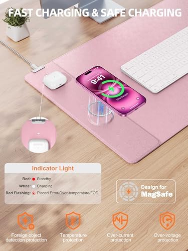 Mouse Pad with 15W Wireless Charging, XXL Large Leather Desk Mat, Pink