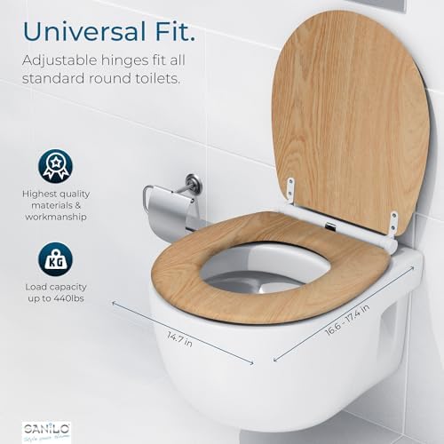 Sanilo Wooden Toilet Seat with Quick Release & Soft Close [ROUND] - Decorative & Slow Close Molded Wood Seat - With One Click for Easy Installation & Cleaning - With Adjustable Fit (Wood)