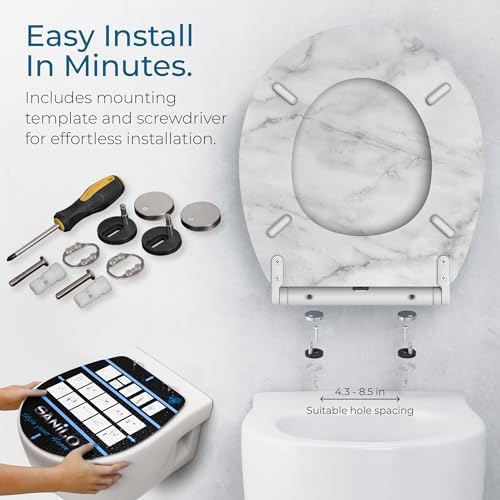 Sanilo Wooden Toilet Seat with Quick Release & Soft Close [ROUND] - Decorative & Slow Close Molded Wood Seat - With One Click for Easy Installation & Cleaning - With Adjustable Fit (Marble)