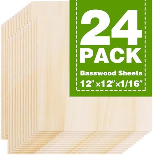 Basswood Sheets 12"x12"x1/16,1.5mm Basswood for Laser Cutting,Thin Plywood Board Unfinished Wood for Crafts, DIY Architectural Models Making, Wood Engraving (12inchx12inch-1/16-24Packs)