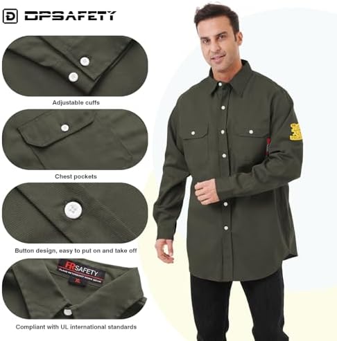 FR Shirts for Men 7oz Hi Vis Fire Resistant Shirts CAT2 Welding Shirt 100% Cotton Flame Resistant Shirt Dark Green(5X-Large)