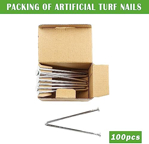 SUNTURF 100 Pack 5 Inch Plastic Edging Nails Artificial Turf Stakes Galvanized Metal Spiral Landscape Spikes for Fake Landscaping Grass, Paver Edging, Weed Barrier, Artificial Turf